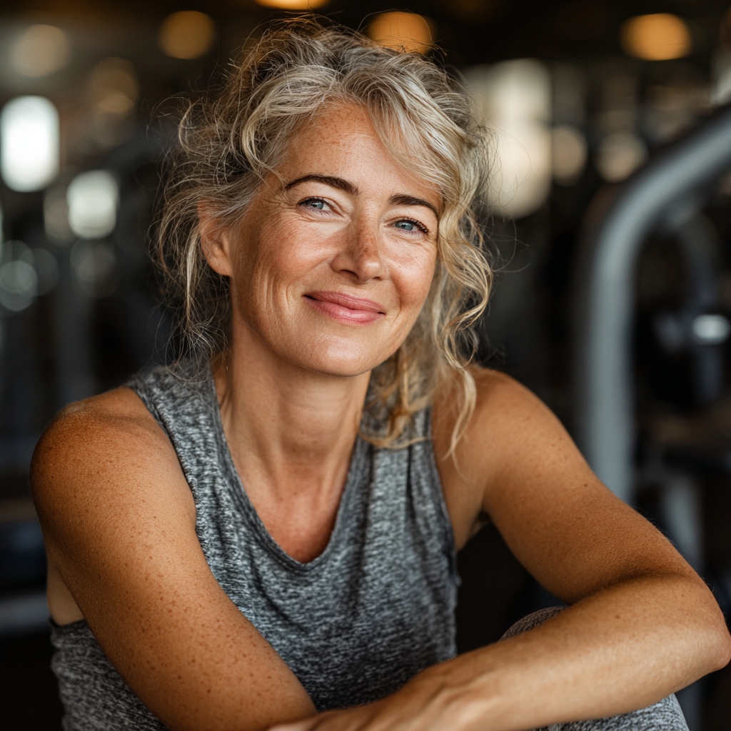 Happy woman in her 50s sitting in gym after workout, smiling confidently showing satisfaction with fitness progress