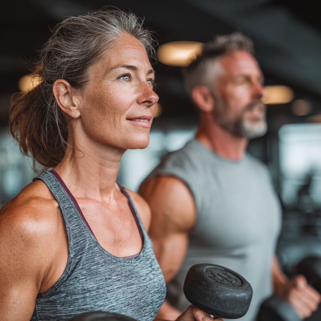 Mature woman and man in their 40s exercising together in modern gym with dumbbells, showing healthy active lifestyle