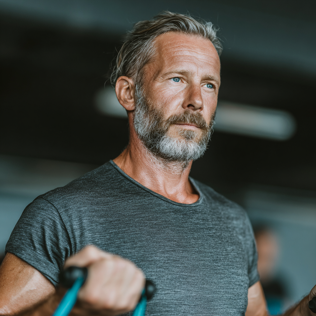 Middle-aged man around 45 years old working out with resistance bands in bright fitness studio, demonstrating safe exercise techniques
